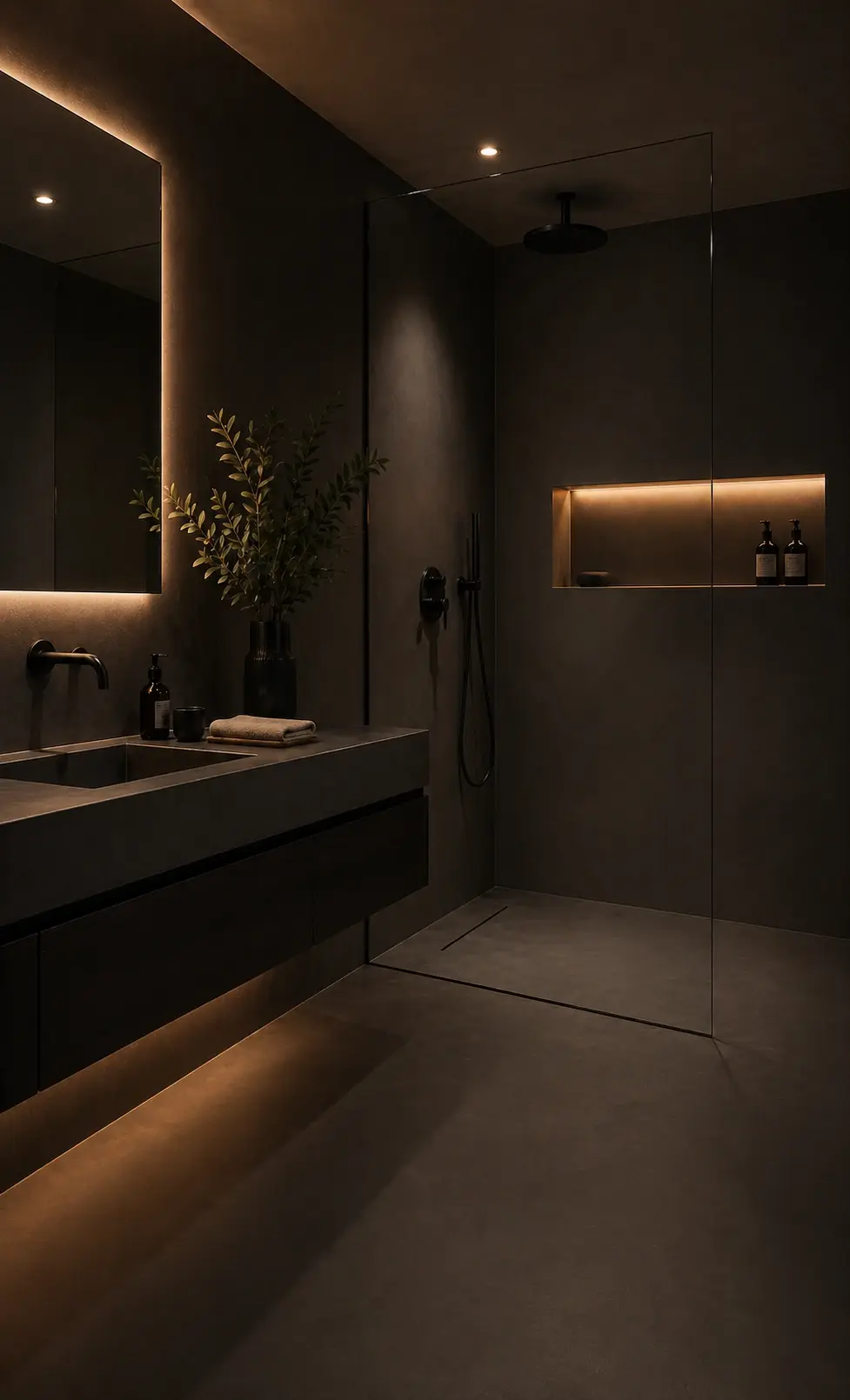 Aqua Sensa badkamer in antraciet microcement met walk-in douche en amber verlichting